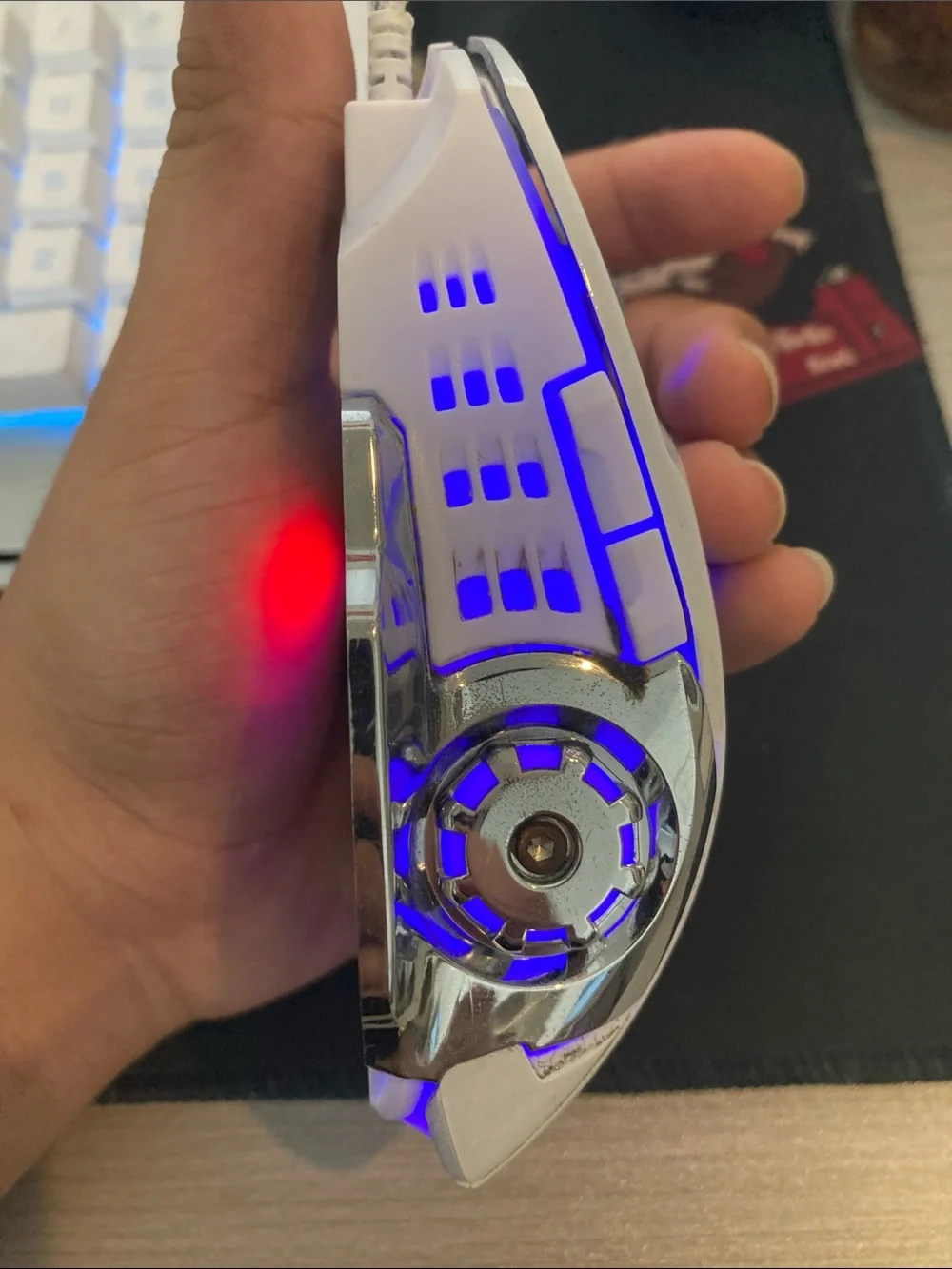 White Gaming Mouse with Cyan LED Accent